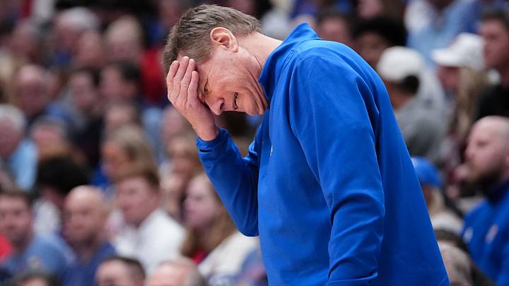 Feb 23, 2026; Lawrence, Kansas, USA; Kansas Jayhawks head coach Bill Self reacts to play against the Houston Cougars during the second half of the game at Allen Fieldhouse. Mandatory Credit: Denny Medley-Imagn Images