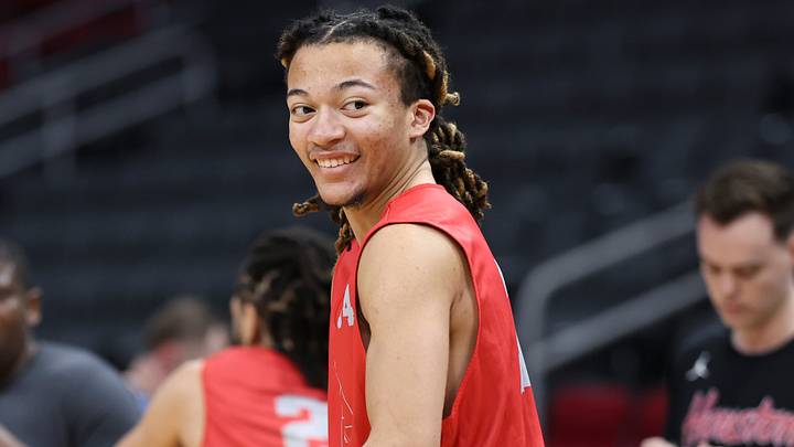 Mar 25, 2026; Houston, TX, USA; Houston Cougars guard Kingston Flemings (4) during a practice session ahead of the south regional of the men's 2026 NCAA Tournament at Toyota Center. Mandatory Credit: Troy Taormina-Imagn Images Mar 25, 2026; Houston, TX, USA; Houston Cougars guard Kingston Flemings (4) during a practice session ahead of the south regional of the men's 2026 NCAA Tournament at Toyota Center. Mandatory Credit: Troy Taormina-Imagn Images