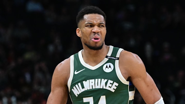 Milwaukee Bucks forward Giannis Antetokounmpo (34) reacts in the fourth quarter against the Phoenix Suns at Fiserv Forum on April 1, 2025.