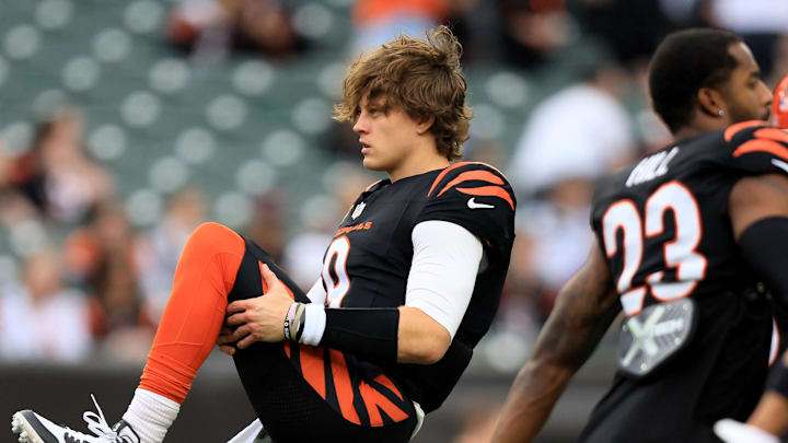 Dec 28, 2025; Cincinnati, Ohio, USA; Cincinnati Bengals quarterback Joe Burrow (9) warms up before a game against the Arizona Cardinals at Paycor Stadium. Mandatory Credit: Katie Stratman-Imagn Images