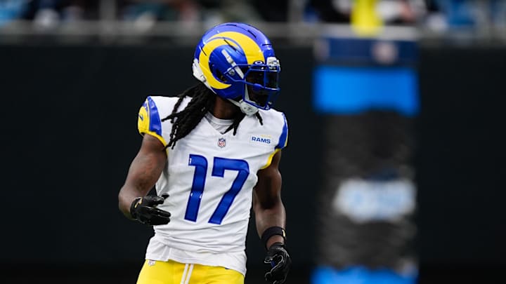 Nov 30, 2025; Charlotte, North Carolina, USA; Los Angeles Rams wide receiver Davante Adams (17) looks on during the first quarter against the Carolina Panthers at Bank of America Stadium. Mandatory Credit: Jim Dedmon-Imagn Images