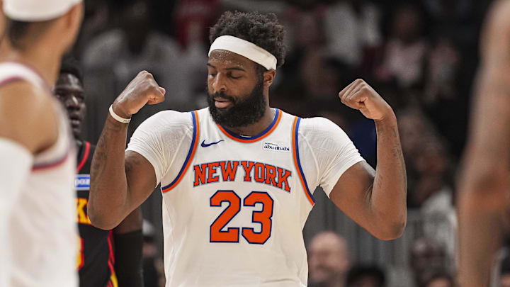 Apr 6, 2026; Atlanta, Georgia, USA; New York Knicks center Mitchell Robinson (23) reacts after scoring on a put back shot against the Atlanta Hawks during the second half at State Farm Arena. Mandatory Credit: Dale Zanine-Imagn Images