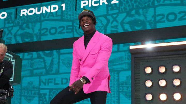 Apr 24, 2025; Green Bay, WI, USA; Colorado Buffaloes wide receiver Travis Hunter is selected by the Jacksonville Jaguars as the number two pick in the first round of the 2025 NFL Draft at Lambeau Field. Mandatory Credit: Kirby Lee-Imagn Images