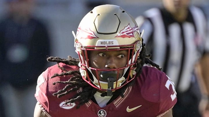 Nov 23, 2024; Tallahassee, Florida, USA; Florida State Seminoles running back Samuel Singleton Jr. (28) runs the ball against the Charleston Southern Buccaneers during the second half at Doak S. Campbell Stadium. Mandatory Credit: Melina Myers-Imagn Images