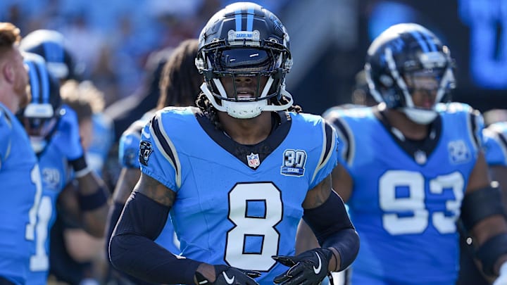 Oct 13, 2024; Charlotte, North Carolina, USA; Carolina Panthers cornerback Jaycee Horn (8) during the first quarter against the Atlanta Falcons at Bank of America Stadium. Mandatory Credit: Jim Dedmon-Imagn Images