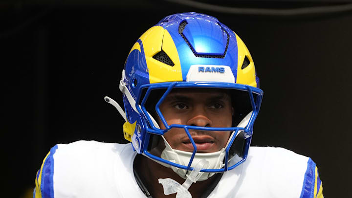 Aug 16, 2025; Inglewood, California, USA; Los Angeles Rams running back Jarquez Hunter (35) enters the field against the Los Angeles Chargers in the first half at SoFi Stadium. Mandatory Credit: Kirby Lee-Imagn Images