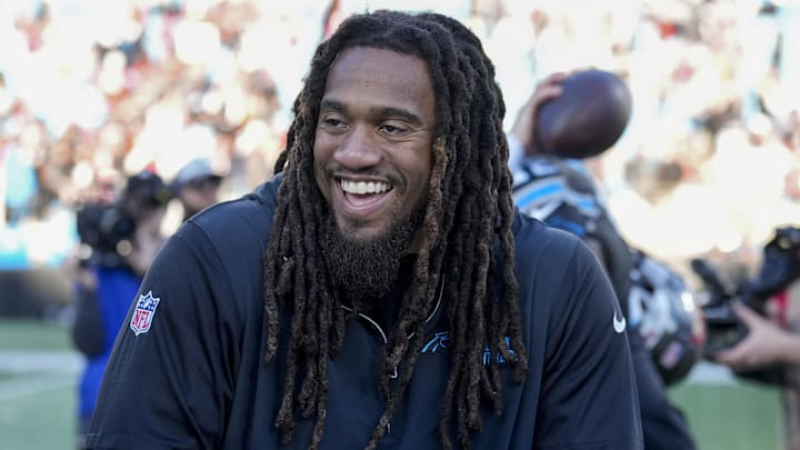 Jan 7, 2024; Charlotte, North Carolina, USA; Carolina Panthers linebacker Shaq Thompson (7) after the second half against the Tampa Bay Buccaneers at Bank of America Stadium. Mandatory Credit: Jim Dedmon-Imagn Images Jan 7, 2024; Charlotte, North Carolina, USA; Carolina Panthers linebacker Shaq Thompson (7) after the second half against the Tampa Bay Buccaneers at Bank of America Stadium. Mandatory Credit: Jim Dedmon-Imagn Images
