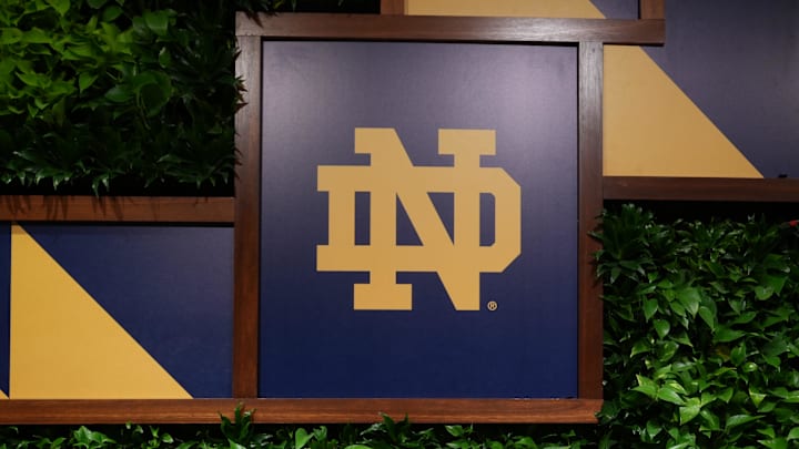 Jan 18, 2025; Atlanta, GA, USA; The Notre Dame Fighting Irish logo at the Westin Peachtree Plaza.  