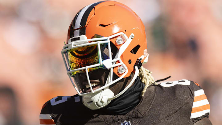 Oct 27, 2024; Cleveland, Ohio, USA; Cleveland Browns tight end David Njoku (85) smiles during warm ups before the game against the Baltimore Ravens at Huntington Bank Field. Mandatory Credit: Scott Galvin-Imagn Images