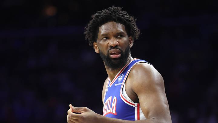Jan 14, 2026; Philadelphia, Pennsylvania, USA; Philadelphia 76ers center Joel Embiid (21) reacts after being fouled during the second quarter against the Cleveland Cavaliers at Xfinity Mobile Arena. Mandatory Credit: Bill Streicher-Imagn Images Jan 14, 2026; Philadelphia, Pennsylvania, USA; Philadelphia 76ers center Joel Embiid (21) reacts after being fouled during the second quarter against the Cleveland Cavaliers at Xfinity Mobile Arena. Mandatory Credit: Bill Streicher-Imagn Images