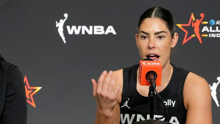 Sabrina Ionescu (left) and Kelsey Plum answers questions Saturday, July 19, 2025, at a press conference after the WNBA All-Star Game at Gainbridge Fieldhouse in Indianapolis.