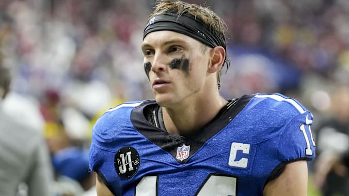 Dec 22, 2025; Indianapolis, Indiana, USA; Indianapolis Colts wide receiver Alec Pierce (14) leaves the field after losing a game against the San Francisco 49ers at Lucas Oil Stadium. Mandatory Credit: Christine Tannous-USA TODAY Network via Imagn Images
