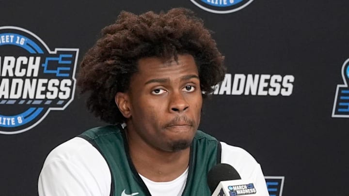 (L to R) Michigan State basketball players Jaxon Kohler, Coen Carr, Jeremy Fears Jr. and Carson Cooper talk with the media during a press conference at Capital One Arena in Washington DC on Thursday, March 26, 2026.
The Spartans play the University of Connecticut on Friday evening. (L to R) Michigan State basketball players Jaxon Kohler, Coen Carr, Jeremy Fears Jr. and Carson Cooper talk with the media during a press conference at Capital One Arena in Washington DC on Thursday, March 26, 2026.
The Spartans play the University of Connecticut on Friday evening.
