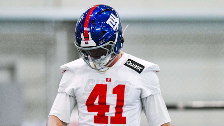 New York Giants linebacker Micah McFadden (41) participates in a drill during minicamp at Quest Diagnostics Training Center.  