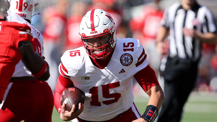 Nebraska Cornhuskers quarterback Dylan Raiola runs the ball.