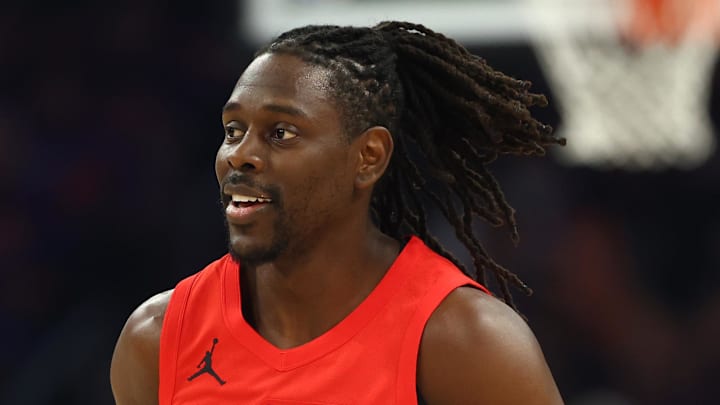 Portland Trail Blazers guard Jrue Holiday (5) reacts against the Phoenix Suns in the first half during the play-in rounds of the 2026 NBA Playoffs at Mortgage Matchup Center on Apr 14, 2026.