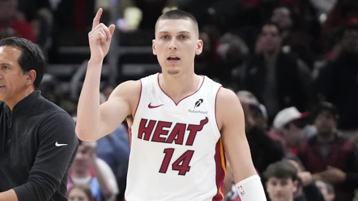 Miami Heat guard Tyler Herro (14) and head coach Erik Spoelstra ask (Mandatory Credit: David Banks-Imagn Images) Miami Heat guard Tyler Herro (14) and head coach Erik Spoelstra ask (Mandatory Credit: David Banks-Imagn Images)