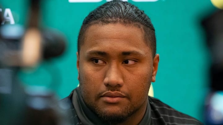 Oregon offensive lineman Iapani Laloulu listens to questions during Oregon football’s Media Day on July 28, 2025, at Autzen Stadium in Eugene.