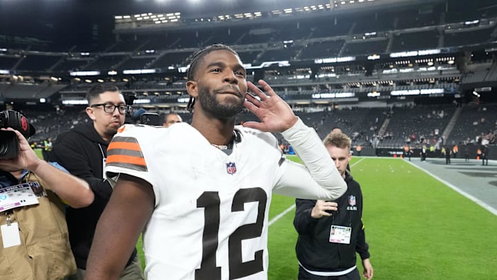 Nov 23, 2025; Paradise, Nevada, USA; Cleveland Browns quarterback Shedeur Sanders (12) reacts at the end of the game against the Las Vegas Raiders at Allegiant Stadium. Mandatory Credit: Kirby Lee-Imagn Images