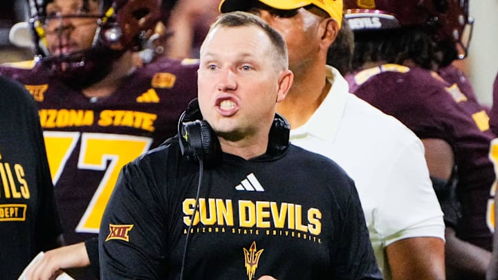 Sep 13, 2025; Tempe, Arizona, USA; Arizona State Sun Devils head coach Kenny Dillingham celebrates at Mountain America Stadium. Mandatory Credit: Arianna Grainey-Imagn Images