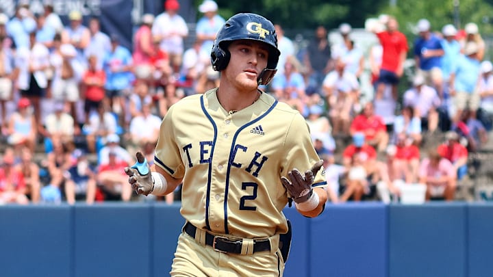 Georgia Tech Yellowjackets shortstop Kyle Lodise (2) rounds the bases after a home run against the Mississippi Rebels.