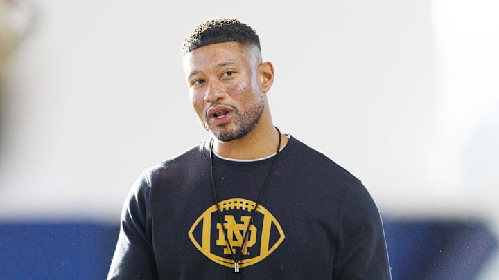 Notre Dame head coach Marcus Freeman greets his players during a Notre Dame football spring practice at Irish Athletic Center on Wednesday, March 19, 2025, in South Bend.