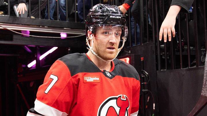 Apr 7, 2026; Newark, New Jersey, USA; New Jersey Devils defenseman Dougie Hamilton (7) before the game against the Philadelphia Flyers at Prudential Center. Mandatory Credit: Luther Schlaifer-Imagn Images Apr 7, 2026; Newark, New Jersey, USA; New Jersey Devils defenseman Dougie Hamilton (7) before the game against the Philadelphia Flyers at Prudential Center. Mandatory Credit: Luther Schlaifer-Imagn Images