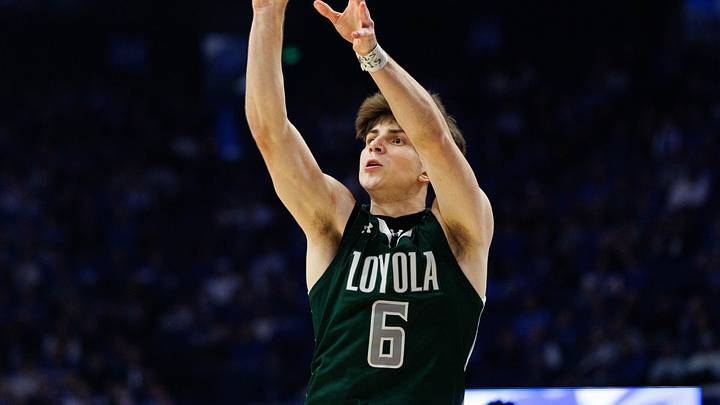 Nov 21, 2025; Lexington, Kentucky, USA; Loyola (MD) Greyhounds guard Jacob Theodosiou (6) shoots the ball during the first half against the Kentucky Wildcats at Rupp Arena at Central Bank Center. Mandatory Credit: Jordan Prather-Imagn Images