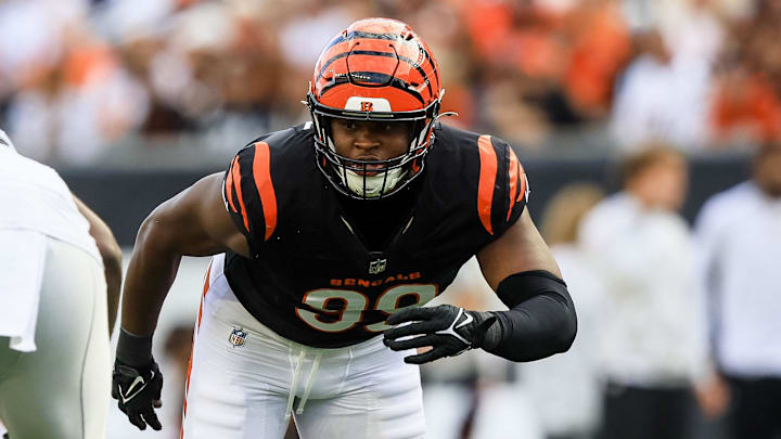 Nov 3, 2024; Cincinnati, Ohio, USA; Cincinnati Bengals defensive end Myles Murphy (99) runs a play against the Las Vegas Raiders in the second half at Paycor Stadium. Mandatory Credit: Katie Stratman-Imagn Images Nov 3, 2024; Cincinnati, Ohio, USA; Cincinnati Bengals defensive end Myles Murphy (99) runs a play against the Las Vegas Raiders in the second half at Paycor Stadium. Mandatory Credit: Katie Stratman-Imagn Images