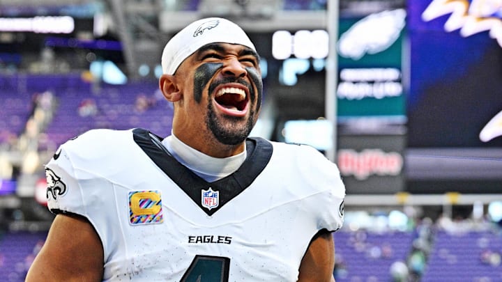 Oct 19, 2025; Minneapolis, Minnesota, USA; Philadelphia Eagles quarterback Jalen Hurts (1) celebrates after the win against the Minnesota Vikings at U.S. Bank Stadium. Mandatory Credit: Jeffrey Becker-Imagn Images