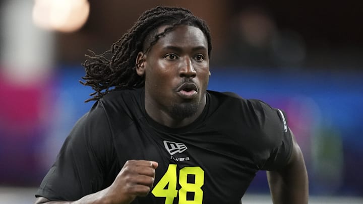 Feb 26, 2026; Indianapolis, IN, USA; UCF defensive lineman Malachi Lawrence (DL48 during the NFL Scouting Combine at Lucas Oil Stadium. Mandatory Credit: Kirby Lee-Imagn Images Feb 26, 2026; Indianapolis, IN, USA; UCF defensive lineman Malachi Lawrence (DL48 during the NFL Scouting Combine at Lucas Oil Stadium. Mandatory Credit: Kirby Lee-Imagn Images