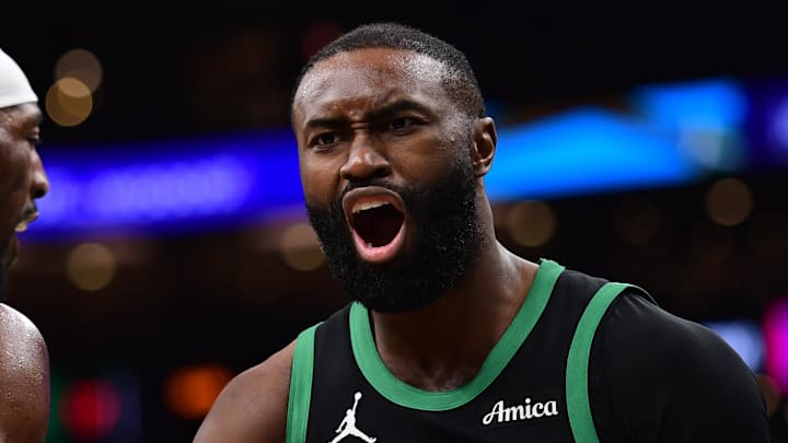 Feb 6, 2026; Boston, Massachusetts, USA; Boston Celtics guard Jaylen Brown (7) reacts towards the official after a play during the second half against the Miami Heat at TD Garden. Mandatory Credit: Bob DeChiara-Imagn Images