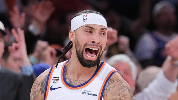 Jun 10, 2026; New York, New York, USA; New York Knicks guard Jose Alvarado (5) reacts in the fourth quarter against the San Antonio Spurs during game four of the 2026 NBA Finals at Madison Square Garden. Mandatory Credit: Brad Penner-Imagn Images