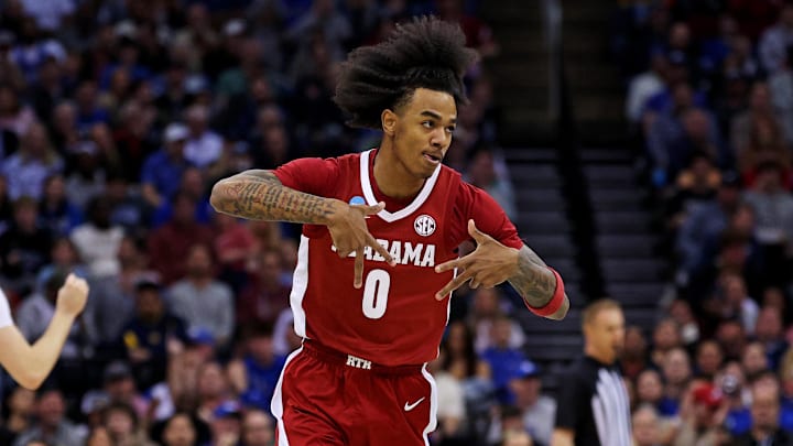 Mar 29, 2025; Newark, NJ, USA; Alabama Crimson Tide guard Labaron Philon (0).