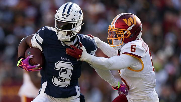 Dallas Cowboys wide receive George Pickens and Washington Commanders cornerback Noah Igbinoghene Dallas Cowboys wide receive George Pickens and Washington Commanders cornerback Noah Igbinoghene