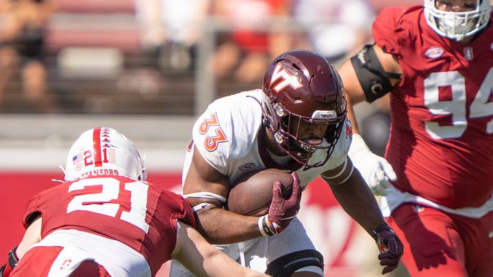 Oct 5, 2024; Stanford, Calif.; Virginia Tech running back Bhayshul Tuten (33) runs with the football against Stanford. Oct 5, 2024; Stanford, Calif.; Virginia Tech running back Bhayshul Tuten (33) runs with the football against Stanford.