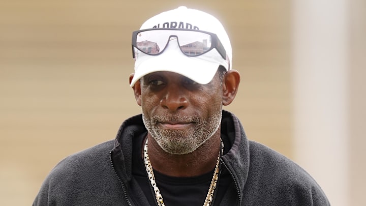 Oct 11, 2025; Boulder, Colorado, USA; Colorado Buffaloes head coach Deion Sanders before the game against the Iowa State Cyclones at Folsom Field. Mandatory Credit: Ron Chenoy-Imagn Images