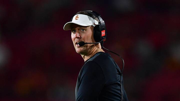Sep 20, 2025; Los Angeles, California, USA; Southern California Trojans head coach Lincoln Riley watches game action against the Michigan State Spartans during the second half at the Los Angeles Memorial Coliseum. Sep 20, 2025; Los Angeles, California, USA; Southern California Trojans head coach Lincoln Riley watches game action against the Michigan State Spartans during the second half at the Los Angeles Memorial Coliseum.
