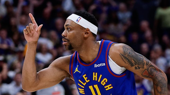 Mar 29, 2026; Denver, Colorado, USA; Denver Nuggets guard Bruce Brown (11) reacts after a play in the second quarter against the Golden State Warriors at Ball Arena. Mandatory Credit: Isaiah J. Downing-Imagn Images