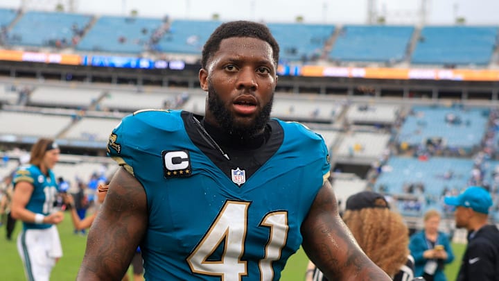 Jacksonville Jaguars defensive end Josh Hines-Allen (41) walks off the field after an NFL football matchup Sunday, Oct. 6, 2024 at EverBank Stadium in Jacksonville, Fla. The Jaguars edged the Colts on a field goal 37-34. [Corey Perrine/Florida Times-Union]