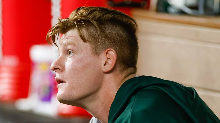 Sep 1, 2026; Arlington, Texas, USA; Athletics pitcher Brady Basso (66) looks on from the dugout during the third inning against the Texas Rangers at Globe Life Field. Mandatory Credit: Andrew Dieb-Imagn Images Sep 1, 2026; Arlington, Texas, USA; Athletics pitcher Brady Basso (66) looks on from the dugout during the third inning against the Texas Rangers at Globe Life Field. Mandatory Credit: Andrew Dieb-Imagn Images
