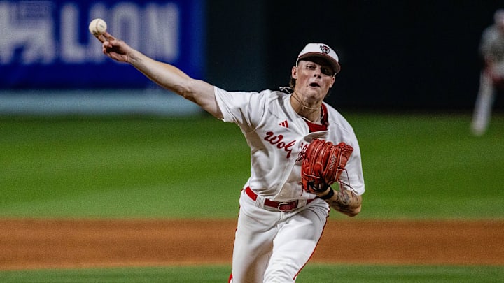 May 23, 2024; Charlotte, NC, USA; NC State Wolfpack pitcher Jacob Dudan (41) starts off the seventh inning against the Duke Blue Devils during the ACC Baseball Tournament at Truist Field. Mandatory Credit: Scott Kinser-Imagn Images