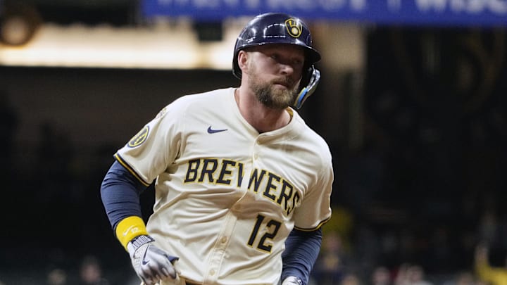 May 20, 2025; Milwaukee, Wisconsin, USA;  Milwaukee Brewers first base Rhys Hoskins (12) rounds the bases after hitting a home run against the Baltimore Orioles in the eighth inning at American Family Field. Mandatory Credit: Michael McLoone-Imagn Images