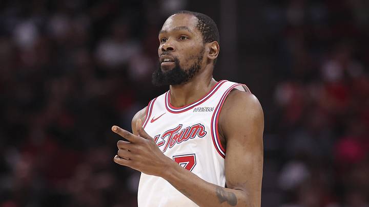Apr 10, 2026; Houston, Texas, USA; Houston Rockets forward Kevin Durant (7) reacts after scoring a basket during the third quarter against the Minnesota Timberwolves at Toyota Center. Mandatory Credit: Troy Taormina-Imagn Images