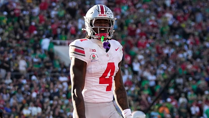 Ohio State Buckeyes wide receiver Jeremiah Smith (4) celebrates a touchdown during the first half of the College Football Playoff quarterfinal against the Oregon Ducks at the Rose Bowl in Pasadena, Calif. on Jan. 1, 2025. Ohio State Buckeyes wide receiver Jeremiah Smith (4) celebrates a touchdown during the first half of the College Football Playoff quarterfinal against the Oregon Ducks at the Rose Bowl in Pasadena, Calif. on Jan. 1, 2025.