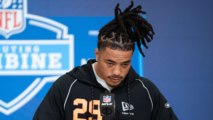 Feb 27, 2026; Indianapolis, IN, USA; Southern California wideout Makai Lemon (WO29) speaks to members of the media during the NFL Combine at the Indiana Convention Center. Mandatory Credit: Jacob Musselman-Imagn Images