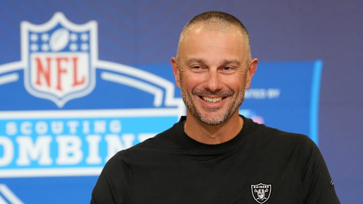 Feb 24, 2026; Indianapolis, IN, USA; Las Vegas Raiders general manager John Spytek speaks at the NFL Scouting Combine at the Indiana Convention Center. Mandatory Credit: Kirby Lee-Imagn Images