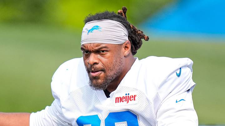 Detroit Lions defensive lineman Tyler Lacy (93) during training camp at Meijer Performance Center in Allen Park on Monday, August 10, 2026.