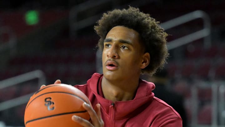 Dec 21, 2025; Los Angeles, California, USA; USC Trojans guard Alijah Arenas (0) warms up prior to the game against the UC Santa Cruz Banana Slugs at Galen Center. Mandatory Credit: Jayne Kamin-Oncea-Imagn Images
