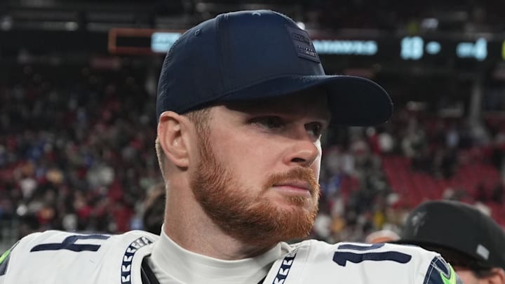 Jan 3, 2026; Santa Clara, California, USA; Seattle Seahawks quarterback Sam Darnold (14) reacts after the game at Levi's Stadium. Jan 3, 2026; Santa Clara, California, USA; Seattle Seahawks quarterback Sam Darnold (14) reacts after the game at Levi's Stadium.